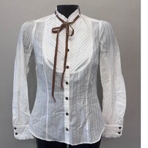 MNG Casual Tuxedo Top Womens‎ XS White Velvet Tie Ruffle Neck Rodeo Cowgirl NWT
